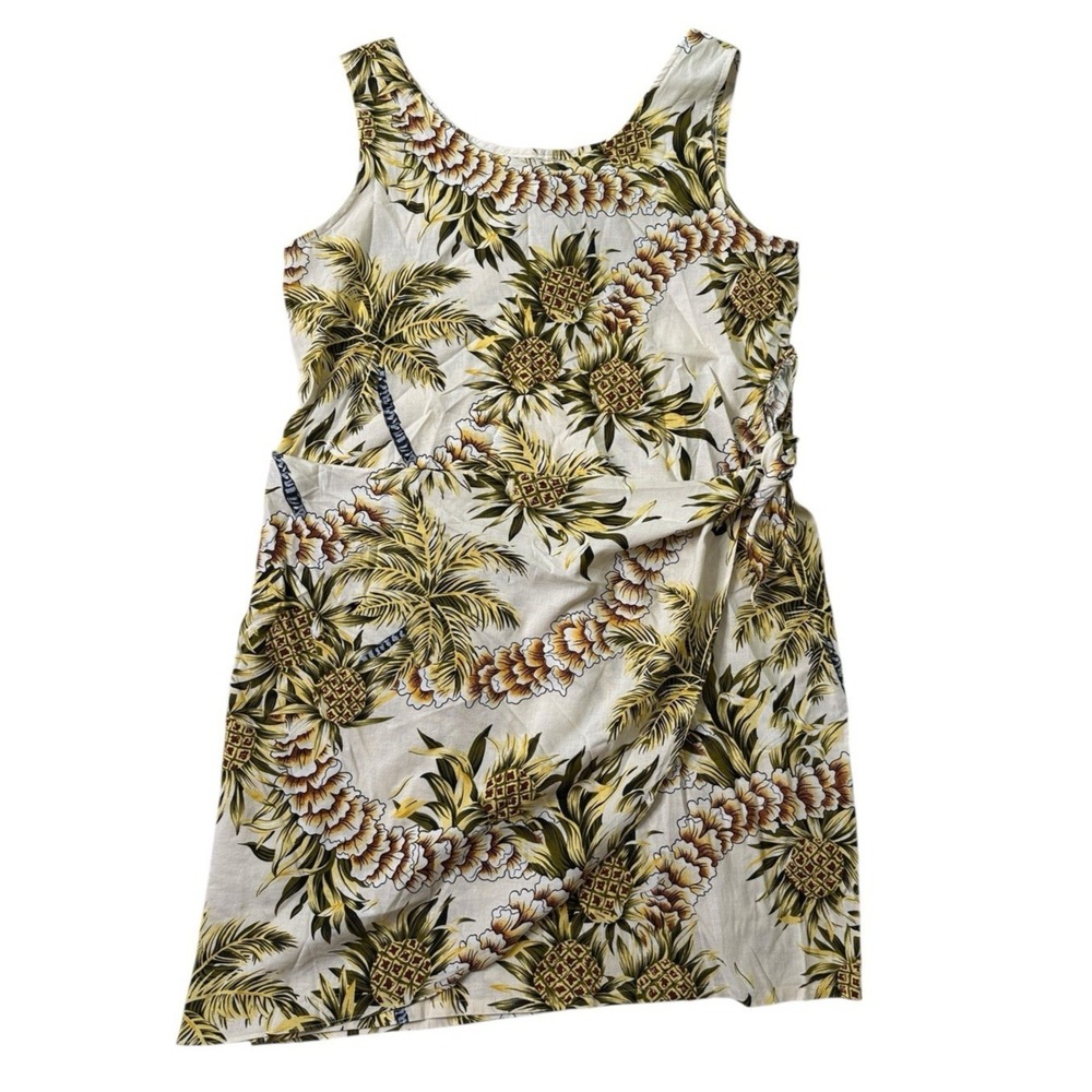 Hilo Hattie Hawaiian‎ Dress Sleeveless Front Wrap Tropical Pineapples Palm Trees